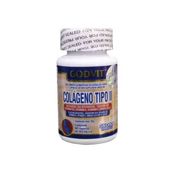 caps. colágeno tipo ii c/60 de 500 mg c/u. adcionado con resveratrol, coenzima q10, vitamina d3, vitamina k, vitamina c y omega 3,6,y 9. godvit.