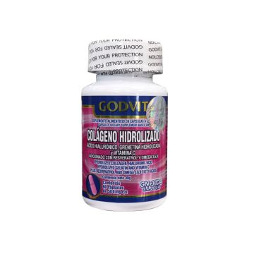 caps. colágeno hidrolizado, acido hialurónico, grenetina hidrolizada y vitamina c, c/60 de 500 mg c/u. adicionado con resveratrol y omega 3, 6 y 9. godvit.