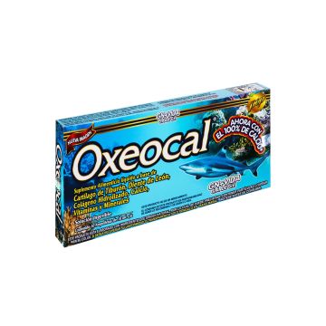 AMP. OXEOCAL SOLUCIÓN INGERIBLE C/10 AMP. DE 10 ML C/U. CON CARTÍLAGO DE TIBURÓN, DIENTE DE LEÓN, COLÁGENO HIDROLIZADO, CALCIO, VITAMINAS Y MINERALES. AHORA CON EL 100% DE CALCIO.