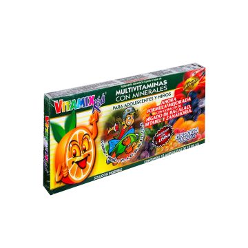 AMP. VITAMIX KIDS SOLUCION INGERIBLE C/10AMP. DE 10 ML L-LISINA, HIERRO, VIT. A, B1, B2, B6, B12,C, D, E AHORA MEJORADA CON EXTRACTO DE HÍGADO DE BACALAO BETABEL Y ZANAHORIA.