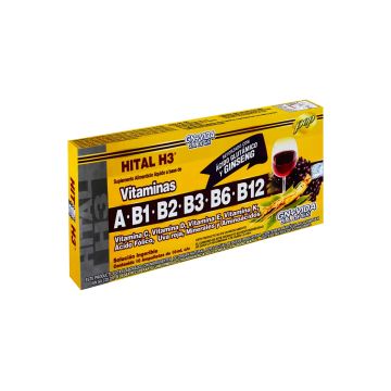 AMP. HITAL  H3 SOLUCIÓN INGERIBLE C/10 AMP. DE 10 ML C/U. A BASE DE VITAMINA B1, B2, B3, B6, B12, VITAMINA C, VITAMINA D, VITAMINA E, VITAMINA K, ÁCIDO FÓLICO, UVA ROJA, MINERALES Y AMINOÁCIDOS.