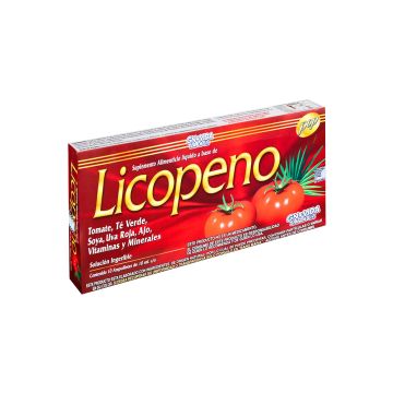 AMP. LICOPENO SOLUCIÓN INGERIBLE C/10 AMP. DE 10 ML C/U. CON TOMATE, TE VERDE, SOYA, UVA ROJA, PEREJIL, AJO, VITAMINAS Y MINERALES.
