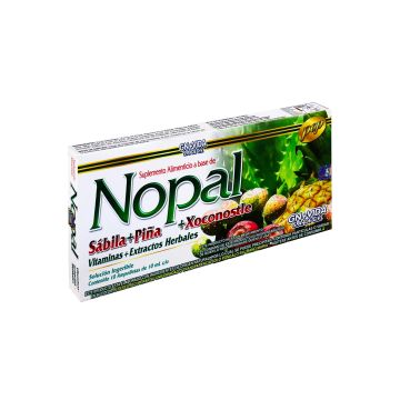 AMP. NOPAL SABILA + PIÑA + XOCONOSTLE SOLUCIÓN INGERIBLE C/10 AMP. DE 10 ML C/U.  VITAMINAS + EXTRACTOS HERBALES.