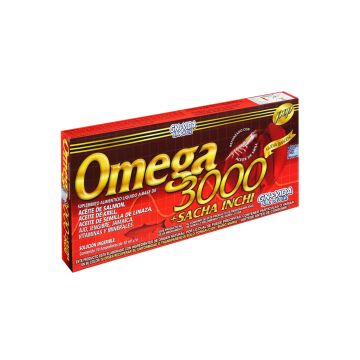 AMP. OMEGA 3000 + SACHA INCHI SOLUCIÓN INGERIBLE C/10 AMP. DE 10 ML C/U. A BASE DE ACEITE DE SALMÓN, ACEITE KRILL, ACEITE SEMILLA DE LINAZA, AJO, JAMAICA, VITAMINAS Y MINERALES. REFORZADA CON ACEITE DE KRILL.
