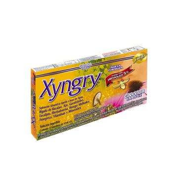 AMP. XYNGRY SOLUCION INGERIBLE C/10AMP. DE 10 ML C/U. HIGADO DE BACALAO, AJO, GORDOLOBO, EUCALIPTO, HIERBABUENA, HONGO SHITAKE, FENOGRECO, VITAMINAS Y MINERALES; AHORA CON PROPOLEO 5%