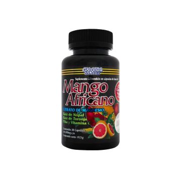 CAPS. MANGO AFRICANO C/30 DE 650 MG C/U. ADICIONADO CON CITRATO DE MAGNESIO, RAÍZ DE NOPAL, RAÍZ DE TORONJA, PIÑA,  VITAMINA C, CAFÉ VERDE Y AGUAJE. GODVIT.