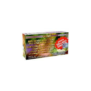 CAPS. CORAZÓN DE ALCACHOFA, HOJAS DE HINOJO, FRUTO DE MANZANA, VITAMINAS Y MINERALES UNISEX C/30 DE 500 MG C/U  ¡OFERTA 50% MÁS GRATIS!  GODVIT