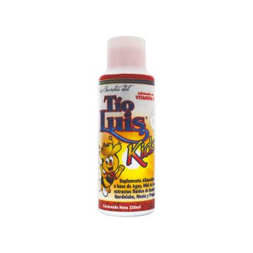 JARABE LOS SECRETOS DEL TIO LUIS KIDS 250ML. A BASE DE MIEL DE ABEJA, EXTRACTOS FLUIDOS DE EUCALIPTO, GORDOLOBO, MENTA Y PROPÓLEO. ADICIONADO CON VITAMINA C.