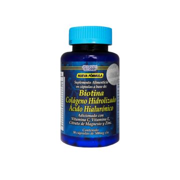 CAPS. BIOTINA, CÓLAGENO HIDROLIZADO Y ÁCIDO HIALURÓNICO C/30 DE 500 MG C/U. ADICIONADO CON VITAMINA C, VITAMINA E, CITRATO DE MAGNESIO Y ZINC.