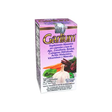 CAPS. GARLIUM C/30 DE 650 MG C/U. A BASE DE: AJO, ZANAHORIA, BETABEL, COLÁGENO HIDROLIZADO, ÁCIDO HIALURÓNICO, VITAMINAS Y MINERALES.
