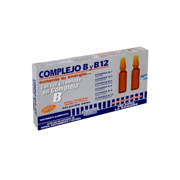 AMP. COMPLEJO B Y B12 SOLUCIÓN INGERIBLE C/10 AMP. DE 10 ML C/U. CON LAS VITAMINAS DEL COMPLEJO B. B1 (TIAMINA), B2 (RIBOFLAVINA), B5 (ÁCIDO PANTOTÉNICO), B6 (PRIRIDOXINA), B9 (ÁCIDO FÓLICO), B12 (CLANOCOBALAMINA) .