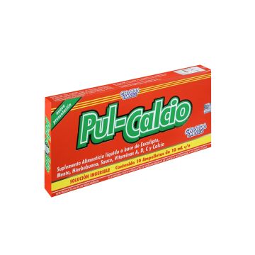 AMP. PUL-CALCIO SOLUCIÓN INGERIBLE C/10 AMP. DE 10 ML C/U. A BASE DE EUCALIPTO, MENTA, HIERBABUENA, SAUCO, VITAMINAS: A, D, C Y CALCIO.