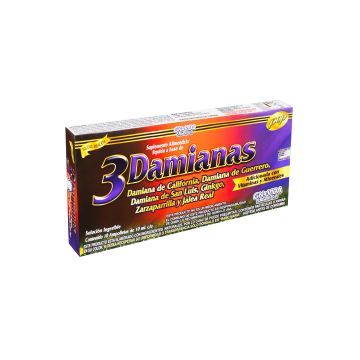 AMP. 3 DAMIANAS SOLUCIÓN INGERIBLE C/10 AMP. DE 10 ML C/U. DAMIANA DE CALIFORNIA, DAMIANA DE GUERRRERO, DAMIANA DE SAN LUIS, GINKGO, ZARZAPARRILLA Y JALEA REAL. ADICIONADO CON VITAMINAS Y MINERALES.