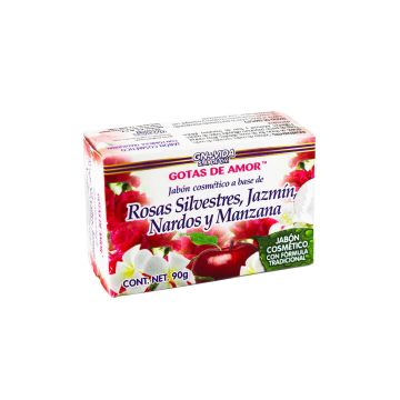 JABÓN DE GOTAS DE AMOR, ROSAS SILVESTRES, JAZMIN, NARDOS Y MANZANA 90 GR.