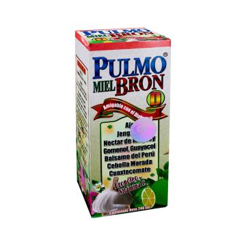 JARABE PULMO MIEL-BRON -DIABETICOS- 240 ML. * ajo,jengibre,nectar de maguey,gomenol,guayacol,balsamo del peru,cebolla morada