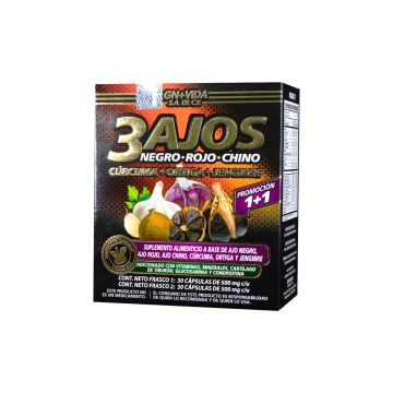 CAPS. 3 AJOS C/30 AJO NEGRO, ROJO Y CHINO, ADICIONADO CON CÚRCUMA, ORTIGA Y JENGIBRE + CAPS. VITAMINAS, MINERALES, CARTÍLAGO DE TIBURÓN, GLUCOSAMINA Y CONDROTINA C/30.