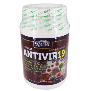 POLVO ANTIVIR 19 SABOR MANZANA-CANELA 1.100 KG* equinacea,propoleo,silimarina,ajo,romero,abedul,hongo reishi,curcuma,jengibre,uña de gato