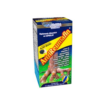 CAPS. ARTRIREUMAFIN C/15 DE 500 MG C/U. A BASE DE VITAMINA C, GLUCOSAMINA, CONDROTINA, MSM, OMEGA 3, AJO, ORTIGA, CÚRCUMA, JENGIBRE, CÓLAGENO HIDROLIZADO, COLÁGENO TIPO 2, CARTÍLAGO DE TIBURÓN. ADICIONADO CON AJO NEGRO.