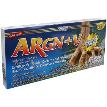 AMP. ARGN+V SOLUCIÓN INGERIBLE C/10 AMP. DE 10 ML C/U.  CARTÍLAGO DE TIBURÓN, COLÁGENO HIDROLIZADO, AJO, FENOGRECO, YUCCA, ALFALFA, VITAMINAS Y MINERALES. ADICIONADO CON COLÁGENO TIPO II.