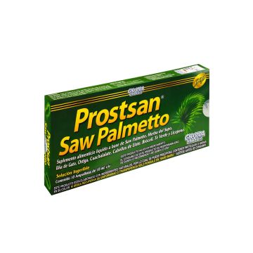 AMP. PROSTSAN CON SAW PALMETTO SOLUCIÓN INGERIBLE C/10 AMP. DE 10 ML C/U. A BASE DE SAW PALMETTO, HIERBA DEL SAPO, UÑA DE GATO, ORTIGA, CUACHALALATE, CABELLOS DE ELOTE, BRÓCOLI, TÉ VERDE Y LICOPENO.