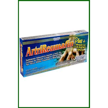 AMP. ARTRIREUMAFIN PLUS  SOLUCIÓN INGERIBLE C/10 AMP. DE 10 ML C/U.  CARTÍLAGO DE TIBURÓN, COLÁGENO HIDROLIZADO, AJO, FENOGRECO, YUCCA, ALFALFA,  VITAMINAS Y MINERALES. ADICIONADO CON COLÁGENO TIPO II.