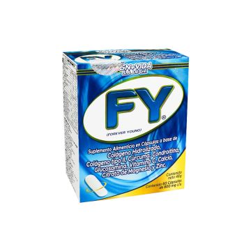 CAPS. FY FOREVER YOUNG C/60 DE 800 MG C/U. A BASE DE COLÁGENO HIDROLIZADO, COLÁGENO TIPO II, CÚRCUMA, CONDROITINA, GLUCOSAMINA, VITAMINA C, CALCIO, CITRATO DE MAGNESIO Y ZINC.