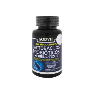 CAPS. 50 BILLONES DE LACTOBACILOS, PROBIÓTICOS + PREBIÓTICOS C/30 DE 500MG C/U. GODVIT.